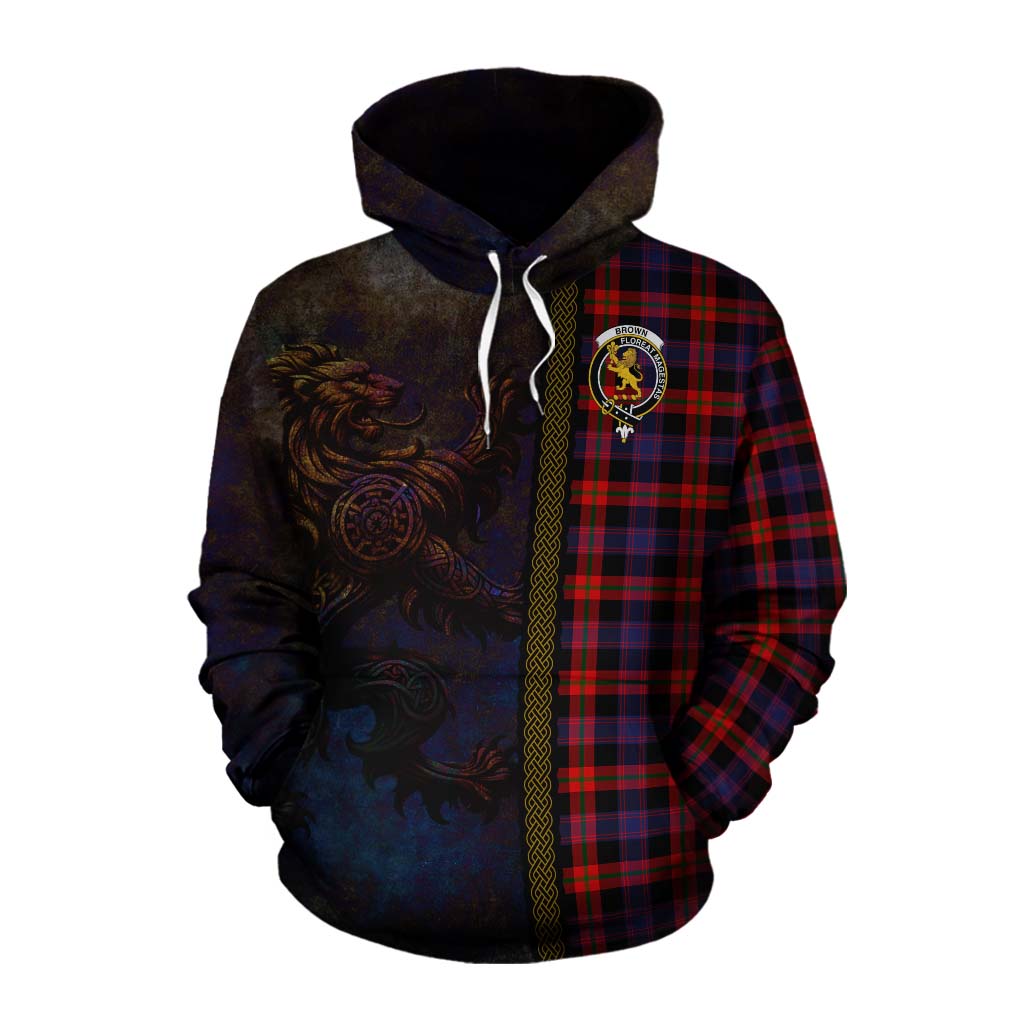 Tartan Vibes Clothing Brown (Broun) Tartan Family Crest Cotton Hoodie Alba Gu Brath Be Brave Lion Ancient Style