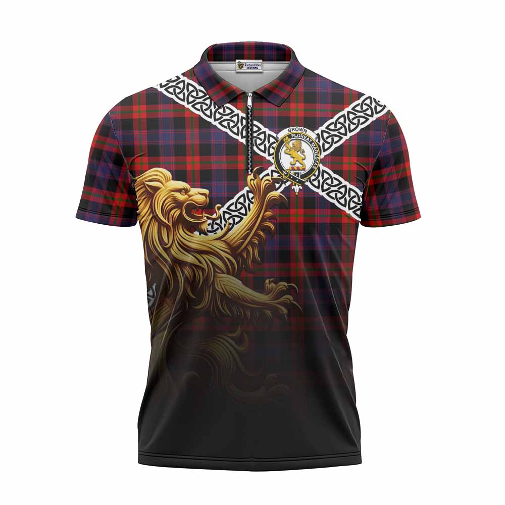 Tartan Vibes Clothing Brown (Broun) Crest Tartan Zipper Polo Shirt with Golden Lion Emblem Celtic Style