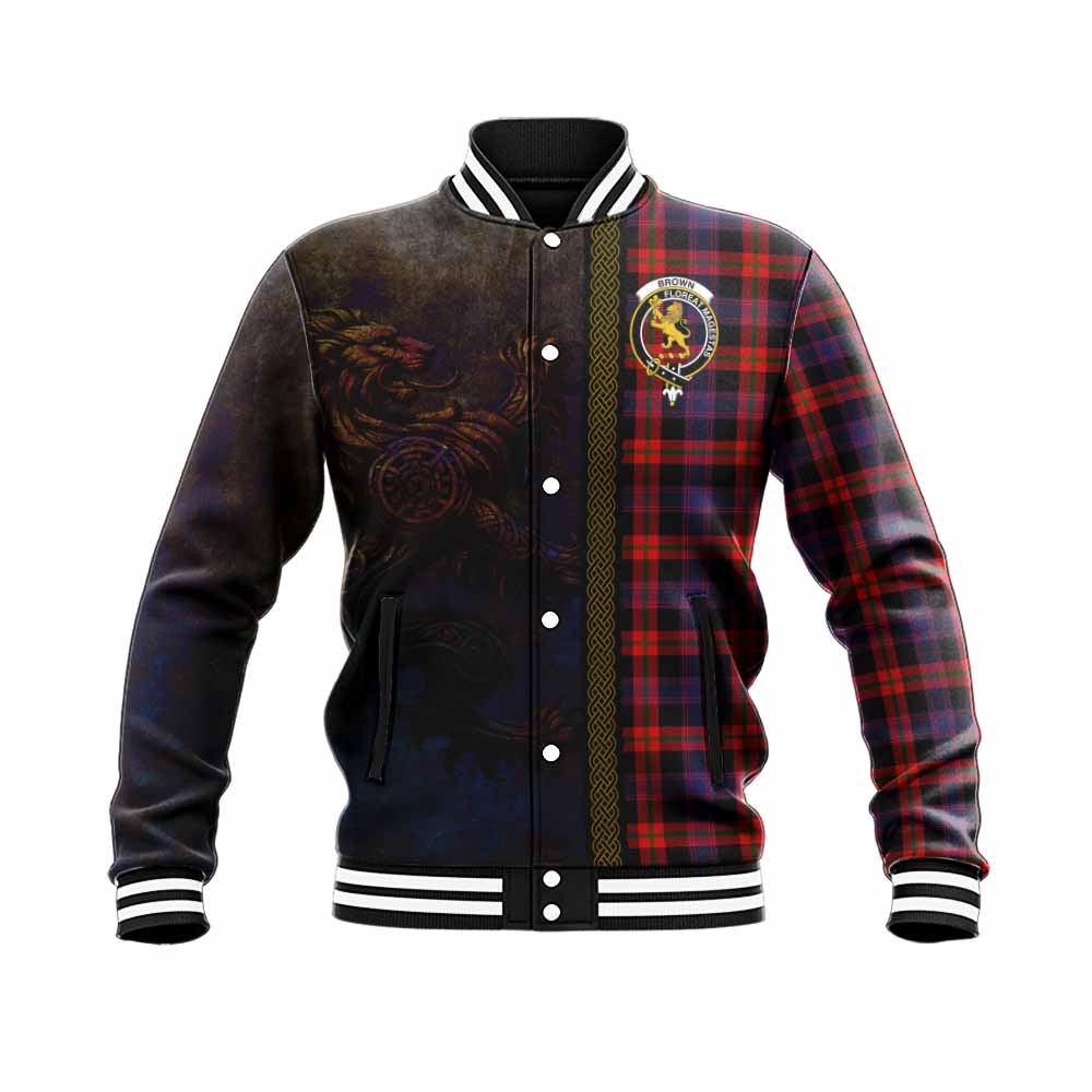 Tartan Vibes Clothing Brown (Broun) Tartan Family Crest Baseball Jacket Alba Gu Brath Be Brave Lion Ancient Style