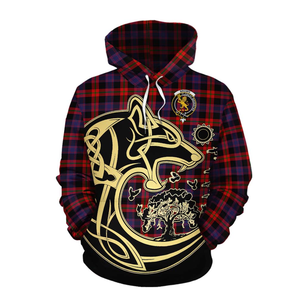 Tartan Vibes Clothing Brown (Broun) Tartan Cotton Hoodie with Family Crest Celtic Wolf Style