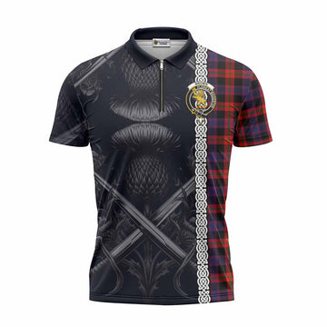 Tartan Vibes Clothing Brown (Broun) Tartan Zipper Polo Shirt with Family Crest Cross Sword Thistle Celtic Vibes