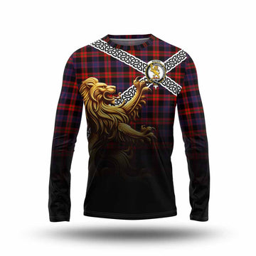 Tartan Vibes Clothing Brown (Broun) Crest Tartan Long Sleeve T-Shirt with Golden Lion Emblem Celtic Style
