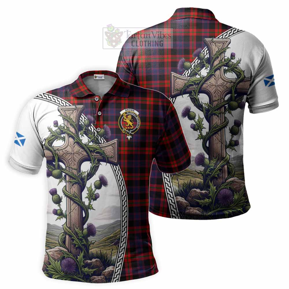 Tartan Vibes Clothing Brown (Broun) Tartan Polo Shirt with Family Crest and St. Andrew's Cross Accented by Thistle Vines
