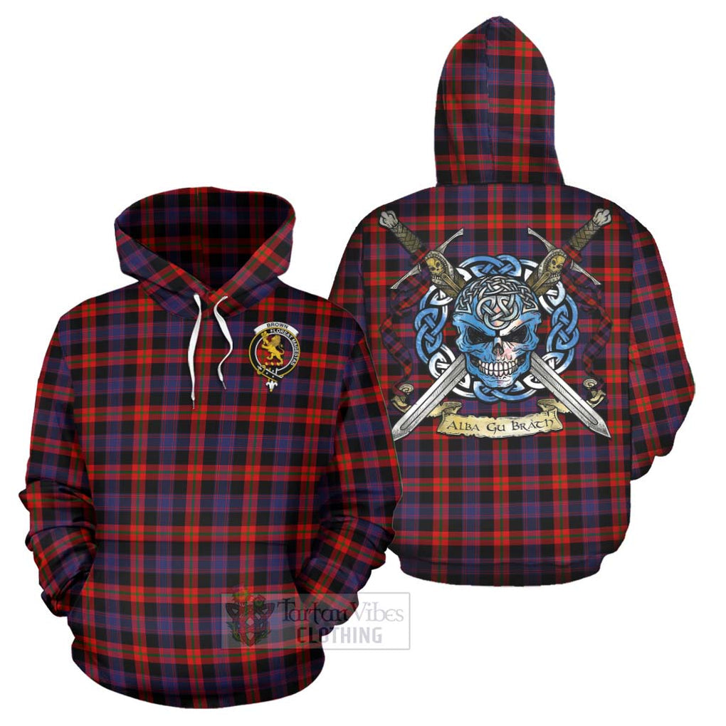Tartan Vibes Clothing Brown (Broun) Tartan Hoodie with Family Crest Celtic Skull Style