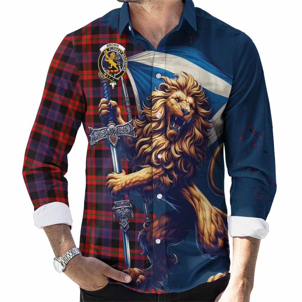 Tartan Vibes Clothing Brown (Broun) Tartan Family Crest Long Sleeve Button Shirt with Scottish Majestic Lion