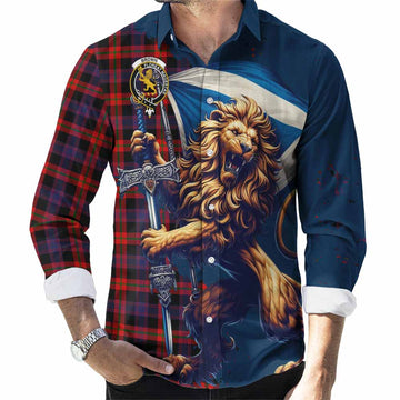 Tartan Vibes Clothing Brown (Broun) Tartan Family Crest Long Sleeve Button Shirt with Scottish Majestic Lion