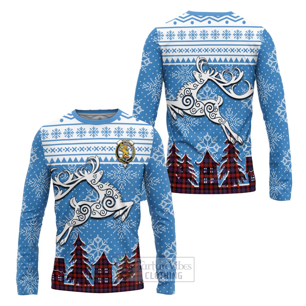 Tartan Vibes Clothing Brown (Broun) Clan Christmas Long Sleeve T-Shirt Celtic Reindeer Style