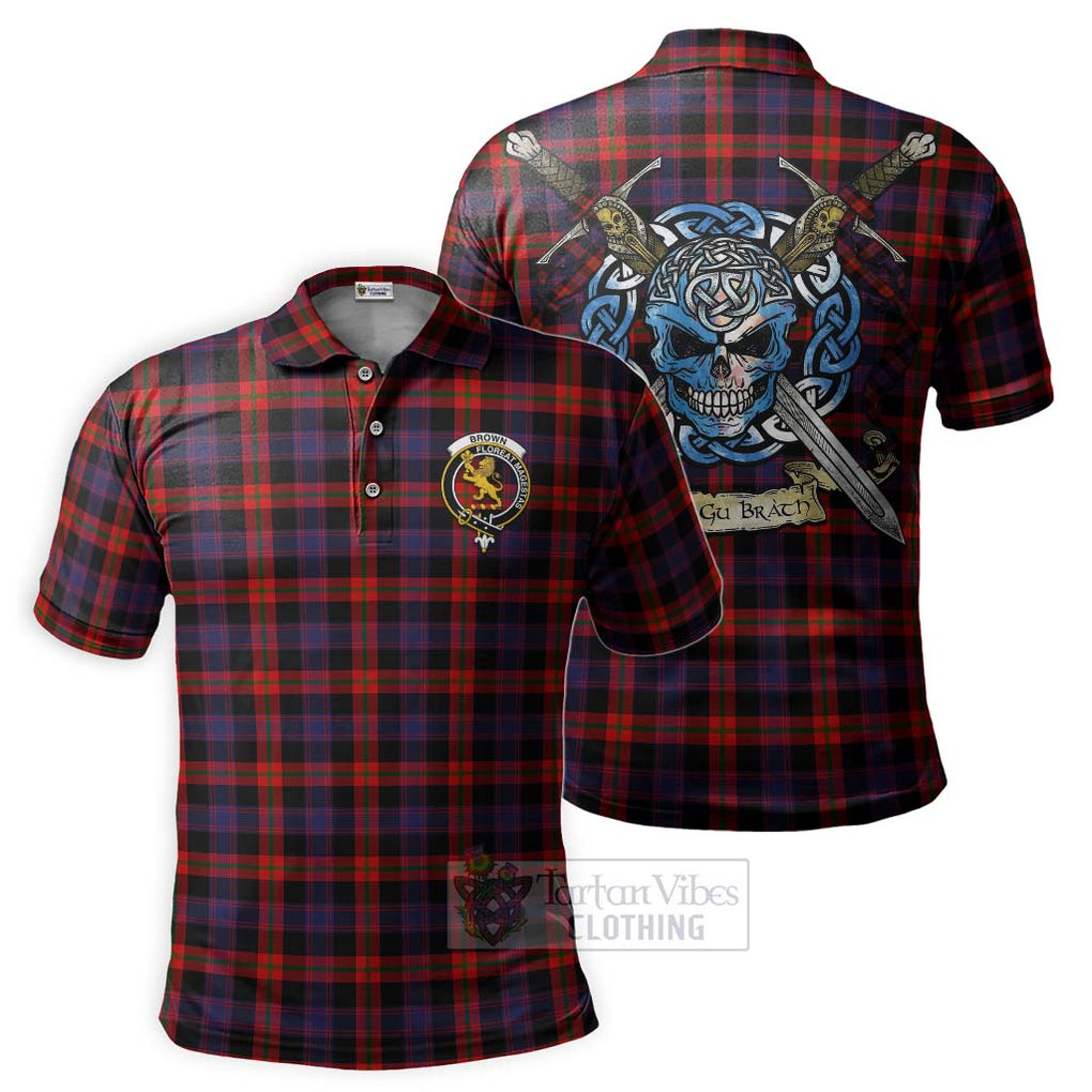 Tartan Vibes Clothing Brown (Broun) Tartan Polo Shirt with Family Crest Celtic Skull Style