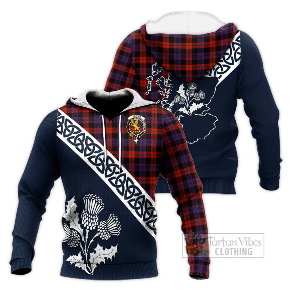 Tartan Vibes Clothing Brown (Broun) Tartan Knitted Hoodie Featuring Thistle and Scotland Map