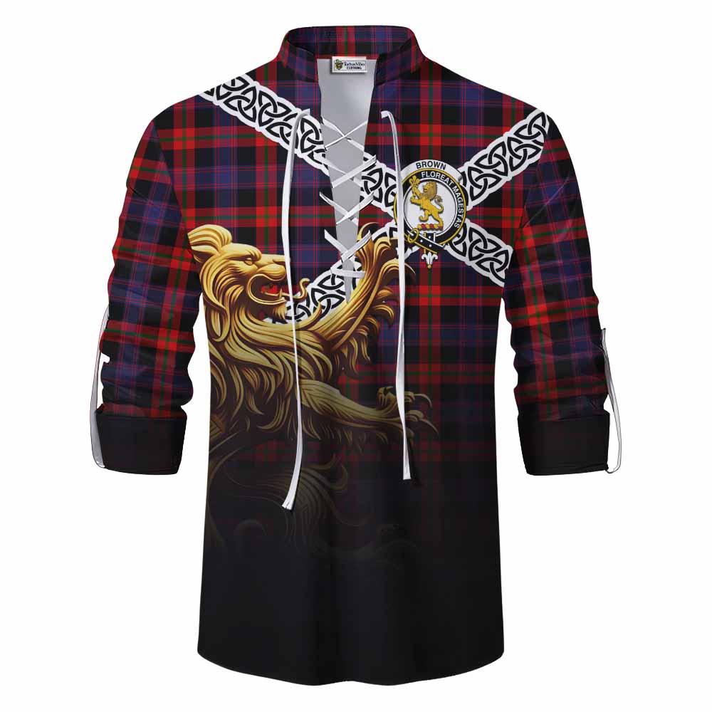 Tartan Vibes Clothing Brown (Broun) Crest Tartan Ghillie Kilt Shirt with Golden Lion Emblem Celtic Style