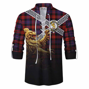 Tartan Vibes Clothing Brown (Broun) Crest Tartan Ghillie Kilt Shirt with Golden Lion Emblem Celtic Style