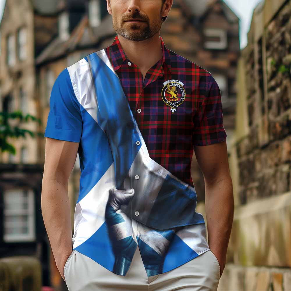 Tartan Vibes Clothing Brown (Broun) Tartan Short Sleeve Button Shirt with Family Crest Scotland Patriotic Style