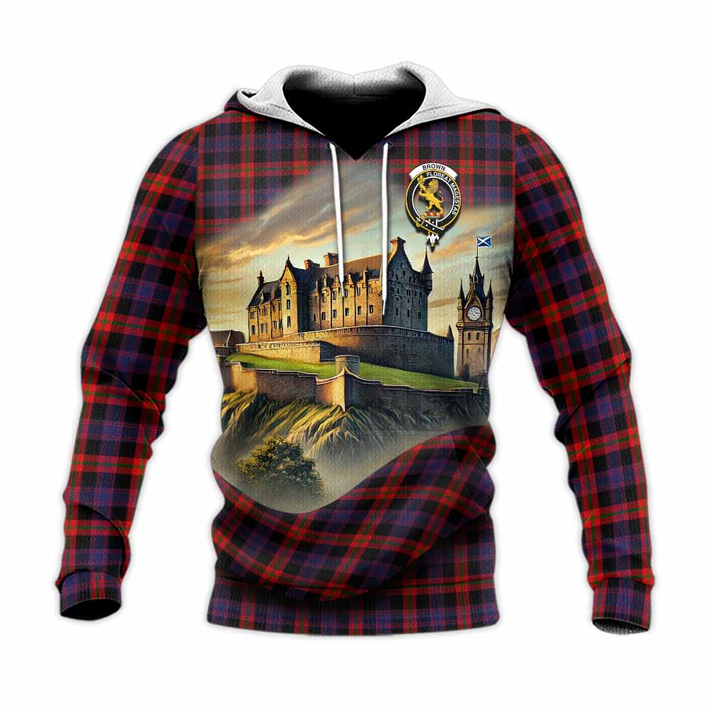 Tartan Vibes Clothing Brown (Broun) Tartan Family Crest Knitted Hoodie with Scottish Ancient Castle Style