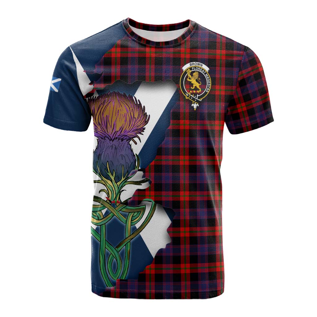 Tartan Vibes Clothing Brown (Broun) Tartan Family Crest Cotton T-shirt Scottish Thistle Celtic Inspired