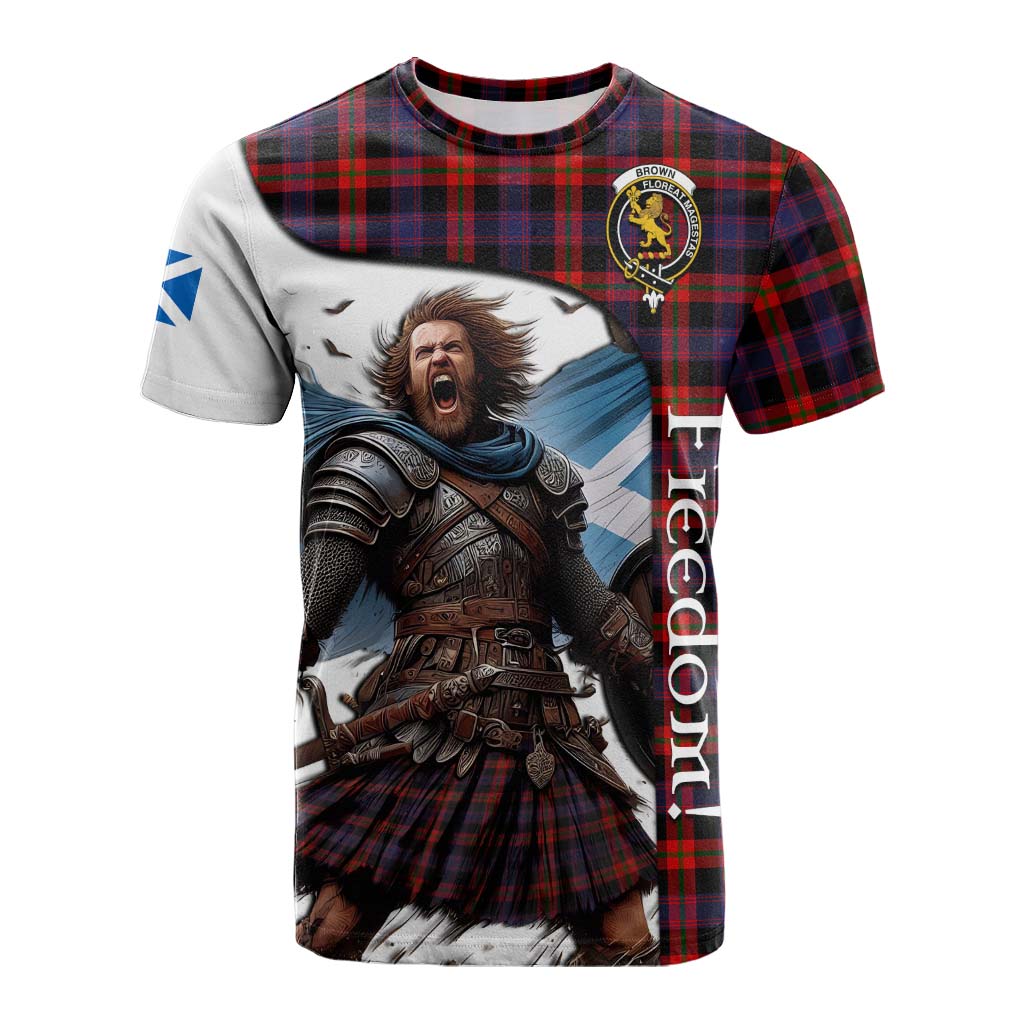 Tartan Vibes Clothing Brown (Broun) Crest Tartan Cotton T-shirt Inspired by the Freedom of Scottish Warrior