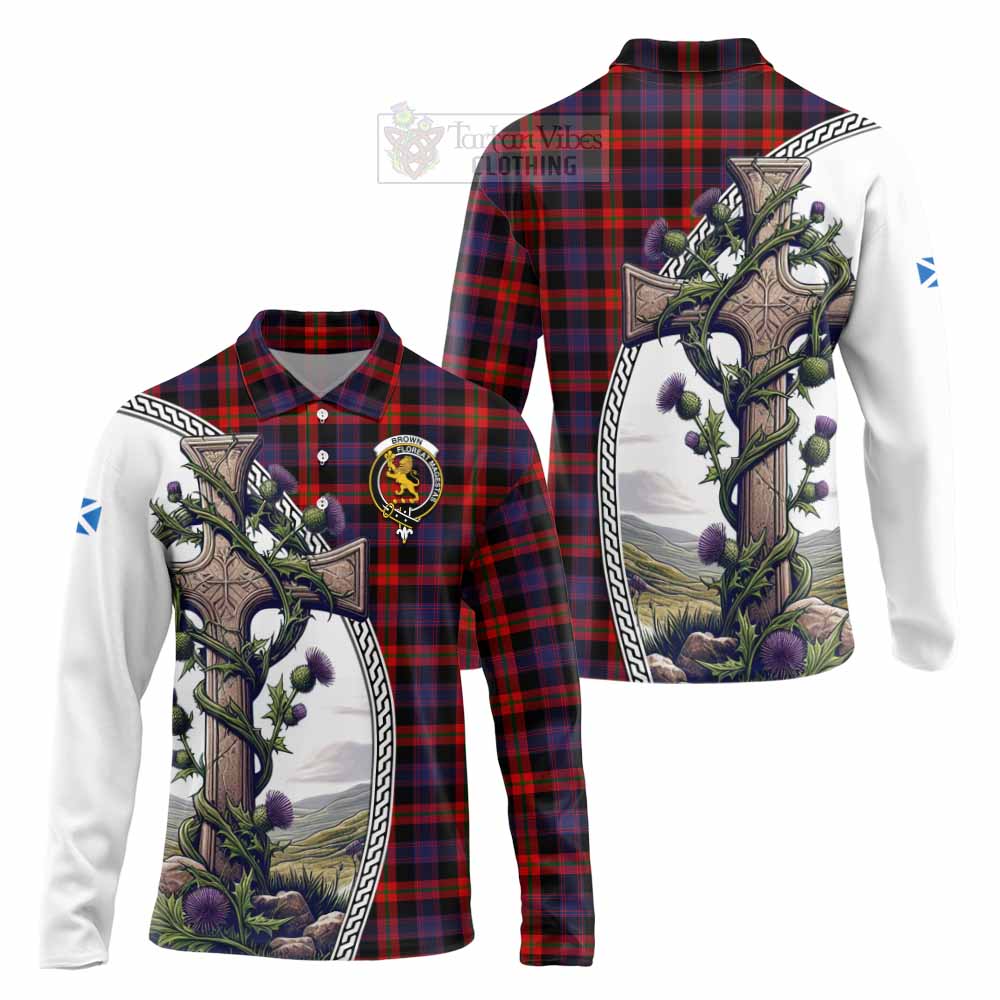 Tartan Vibes Clothing Brown (Broun) Tartan Long Sleeve Polo Shirt with Family Crest and St. Andrew's Cross Accented by Thistle Vines