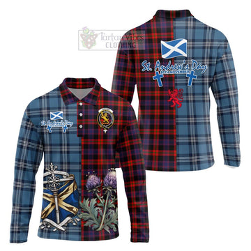 Tartan Vibes Clothing Brown (Broun) Tartan Long Sleeve Polo Shirt Happy St. Andrew's Day Half Tartan Style