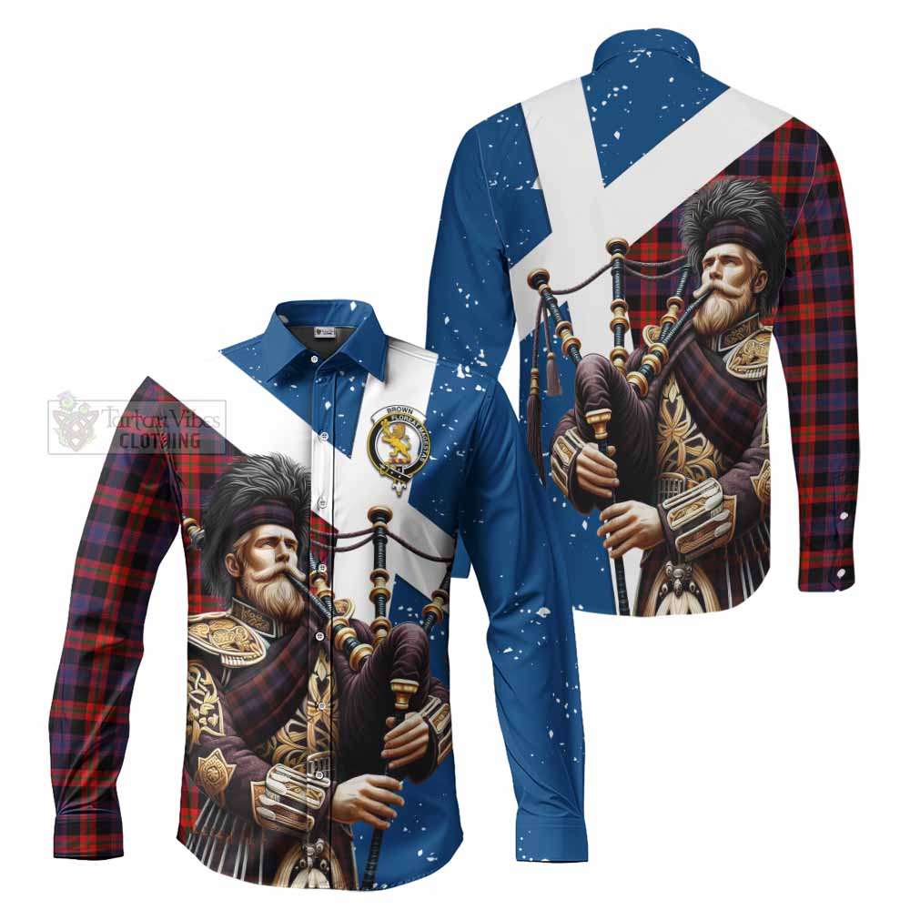 Tartan Vibes Clothing Brown (Broun) Tartan Long Sleeve Button Shirt with Family Crest Scottish Bagpiper Vibes