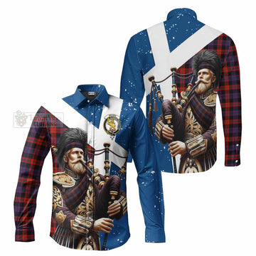 Tartan Vibes Clothing Brown (Broun) Tartan Long Sleeve Button Shirt with Family Crest Scottish Bagpiper Vibes