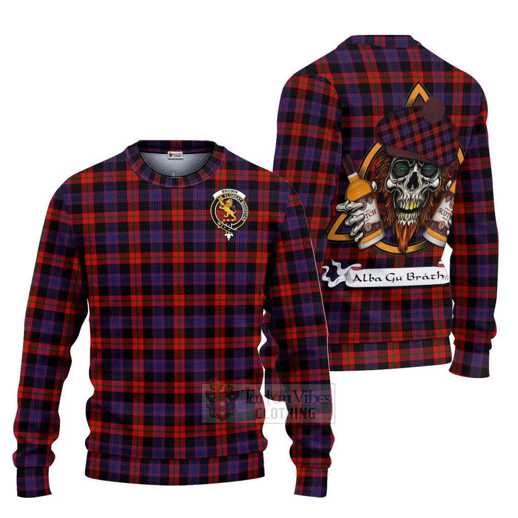 Tartan Vibes Clothing Brown (Broun) Tartan Knitted Sweater with Family Crest and Bearded Skull Holding Bottles of Whiskey