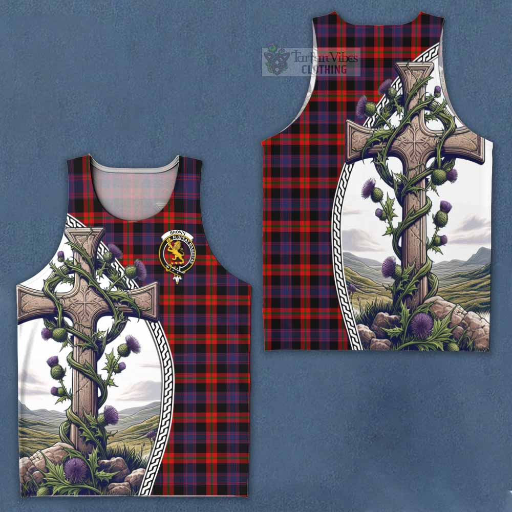 Tartan Vibes Clothing Brown (Broun) Tartan Men's Tank Top with Family Crest and St. Andrew's Cross Accented by Thistle Vines