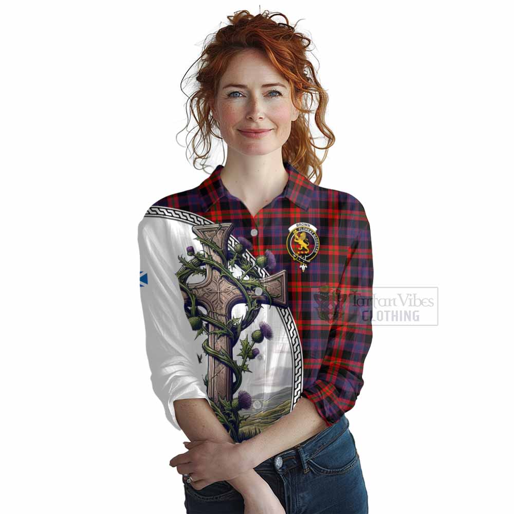 Tartan Vibes Clothing Brown (Broun) Tartan Women's Casual Shirt with Family Crest and St. Andrew's Cross Accented by Thistle Vines