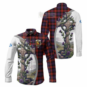 Tartan Vibes Clothing Brown (Broun) Tartan Long Sleeve Button Shirt with Family Crest and St. Andrew's Cross Accented by Thistle Vines