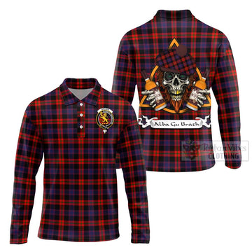 Tartan Vibes Clothing Brown (Broun) Tartan Long Sleeve Polo Shirt with Family Crest and Bearded Skull Holding Bottles of Whiskey
