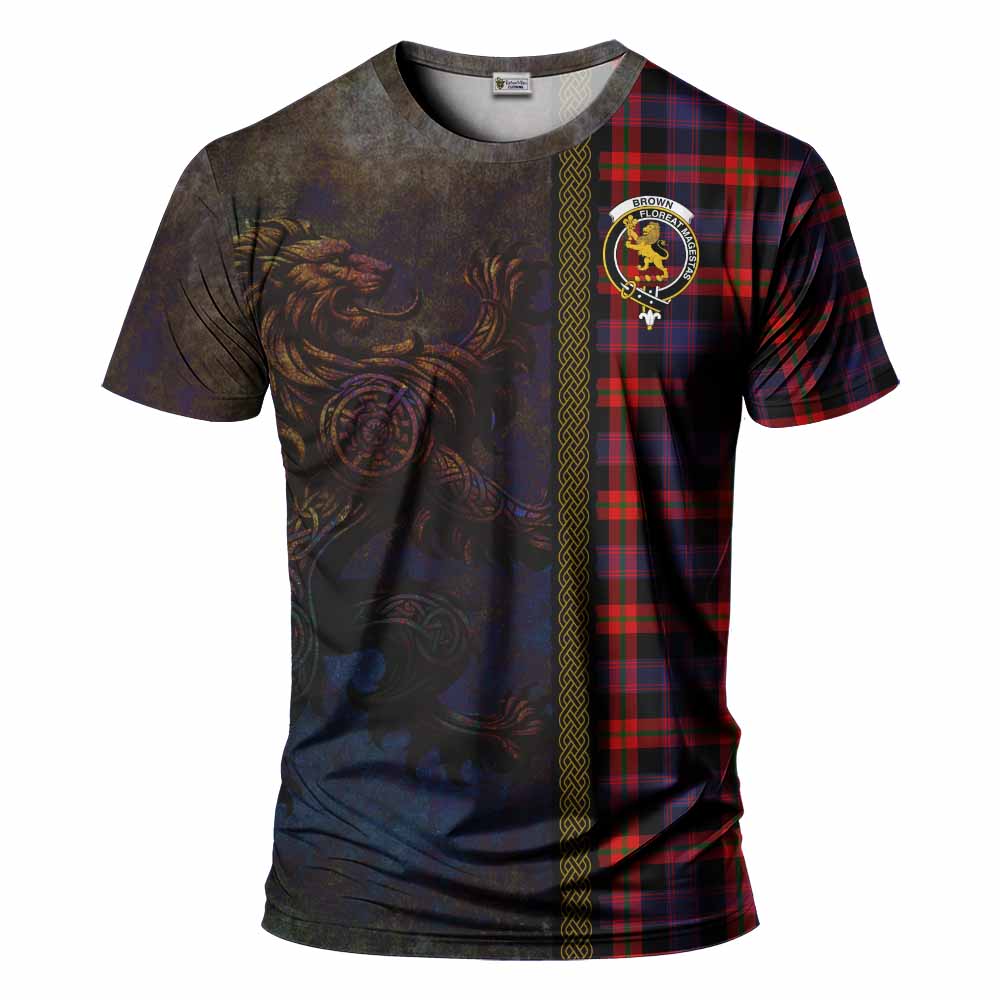 Tartan Vibes Clothing Brown (Broun) Tartan Family Crest T-Shirt Alba Gu Brath Be Brave Lion Ancient Style