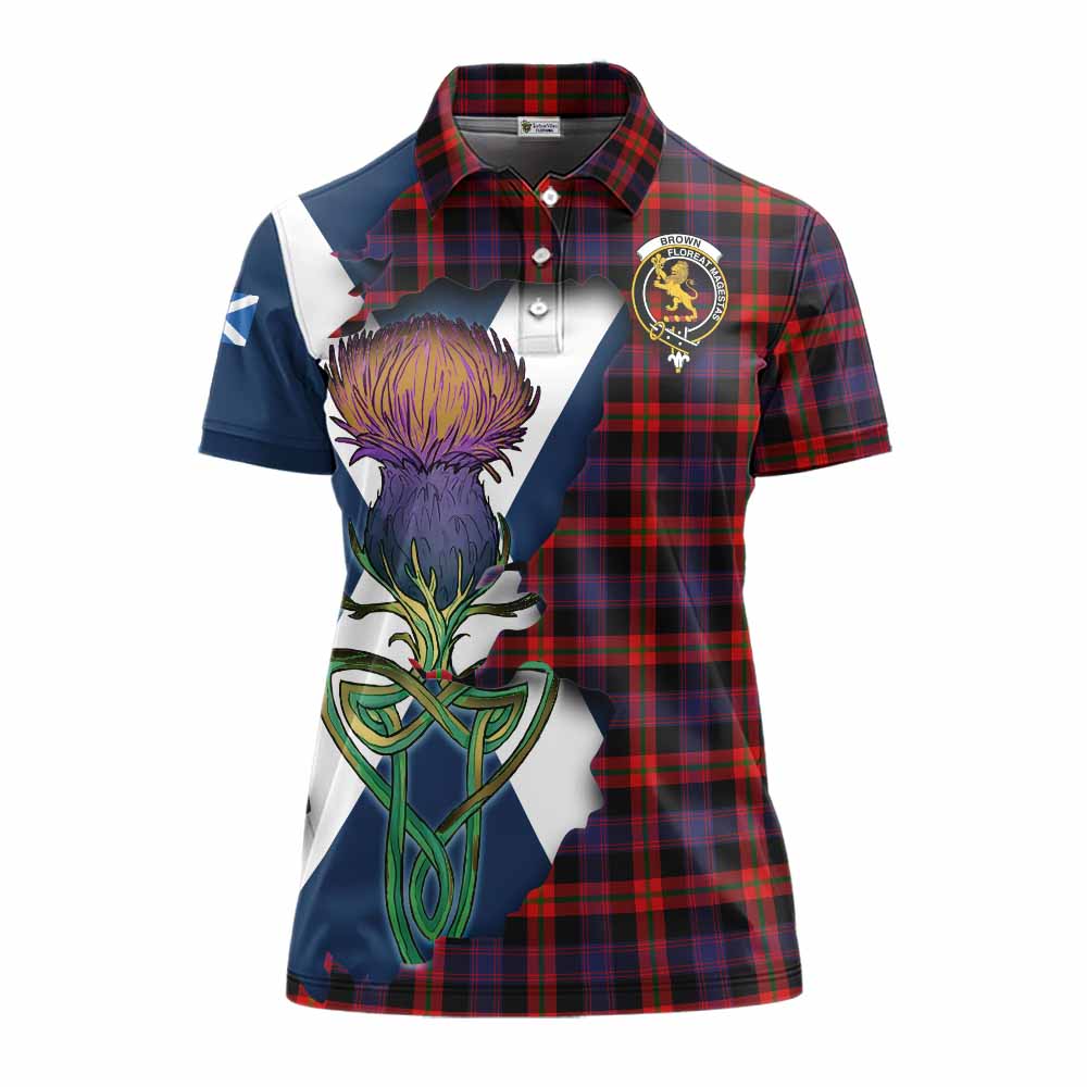 Tartan Vibes Clothing Brown (Broun) Tartan Family Crest Women's Polo Shirt Scottish Thistle Celtic Inspired