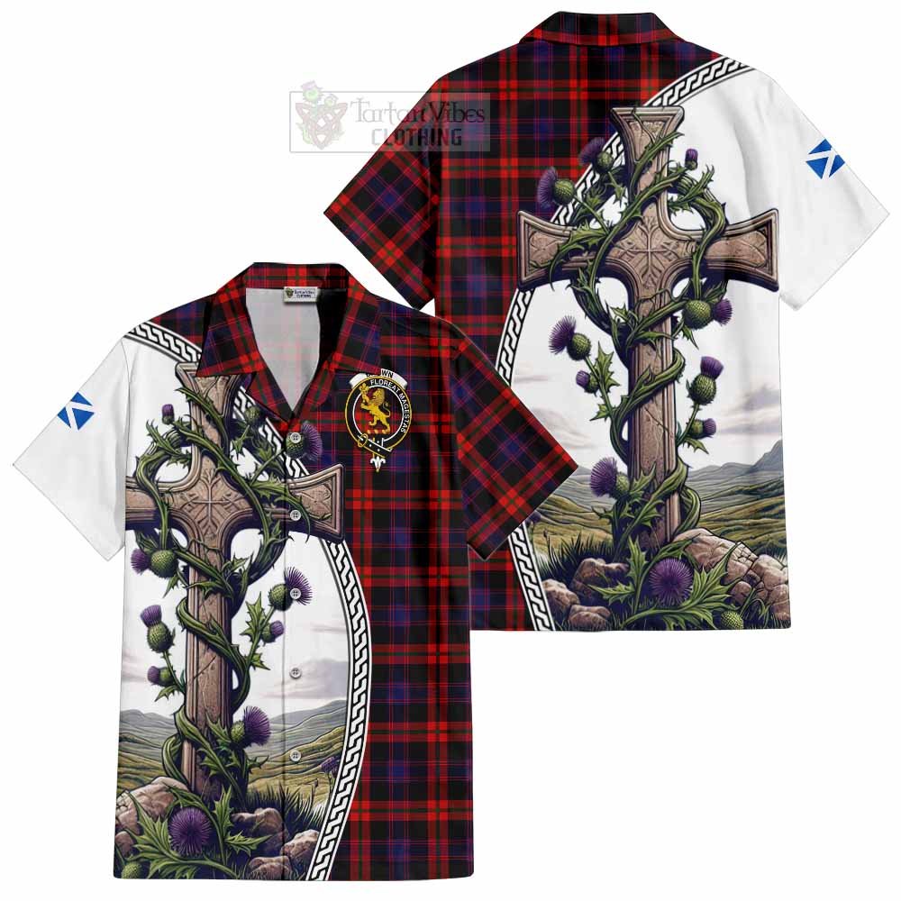 Tartan Vibes Clothing Brown (Broun) Tartan Short Sleeve Button Shirt with Family Crest and St. Andrew's Cross Accented by Thistle Vines