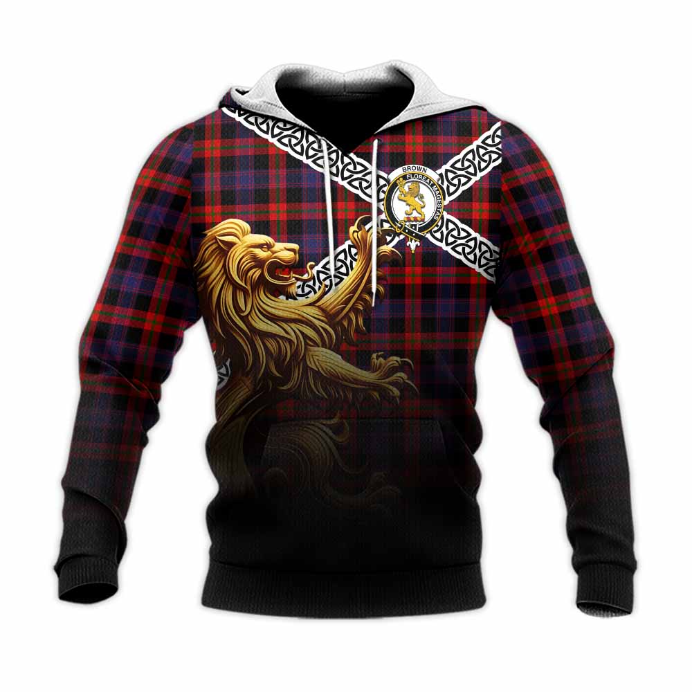 Tartan Vibes Clothing Brown (Broun) Crest Tartan Knitted Hoodie with Golden Lion Emblem Celtic Style