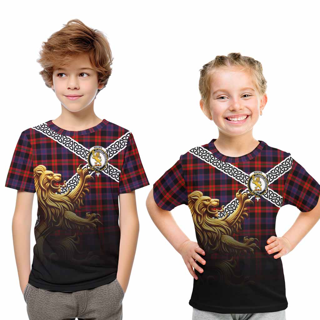 Tartan Vibes Clothing Brown (Broun) Crest Tartan Kid T-Shirt with Golden Lion Emblem Celtic Style
