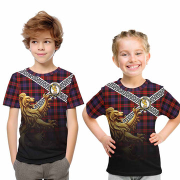 Tartan Vibes Clothing Brown (Broun) Crest Tartan Kid T-Shirt with Golden Lion Emblem Celtic Style