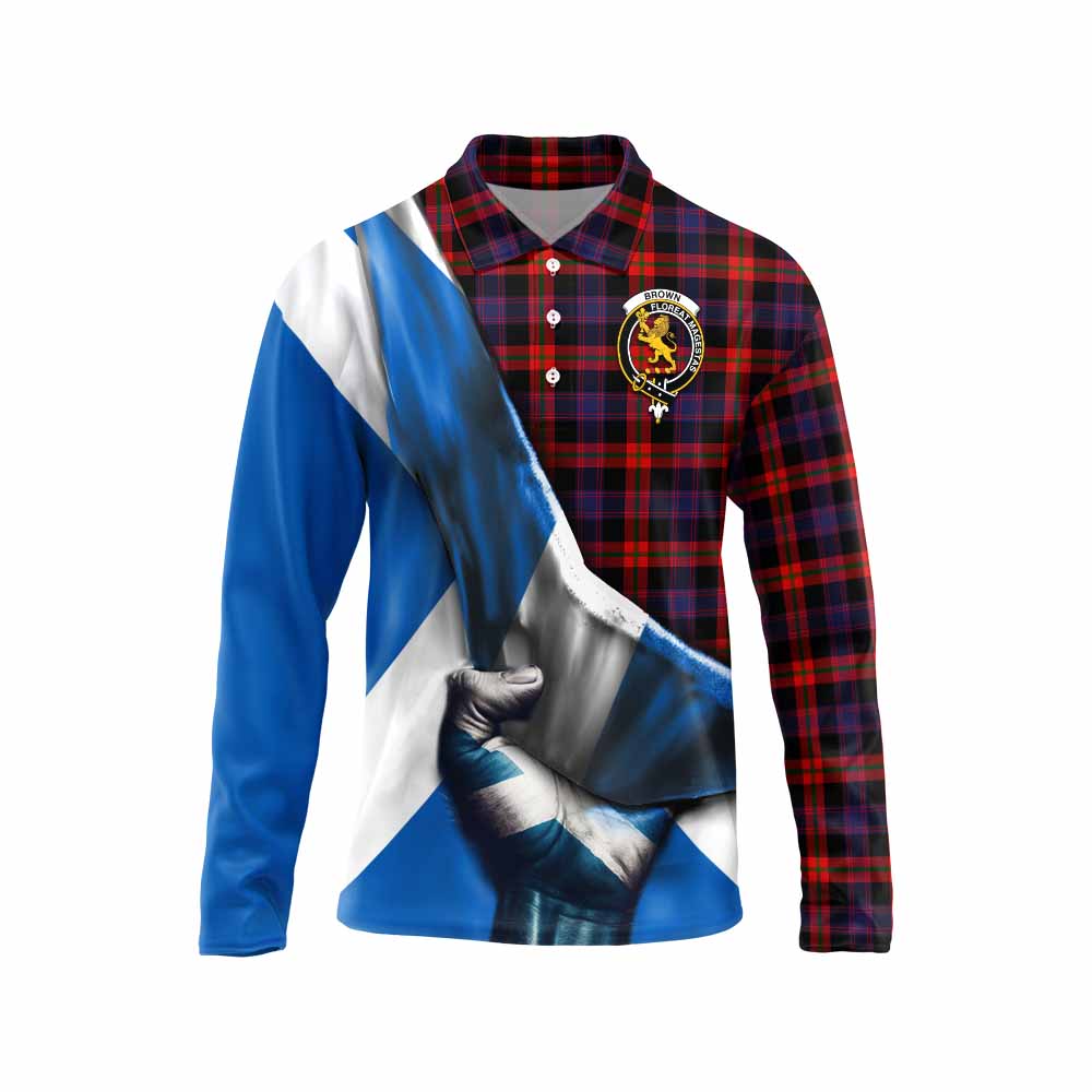 Tartan Vibes Clothing Brown (Broun) Tartan Long Sleeve Polo Shirt with Family Crest Scotland Patriotic Style