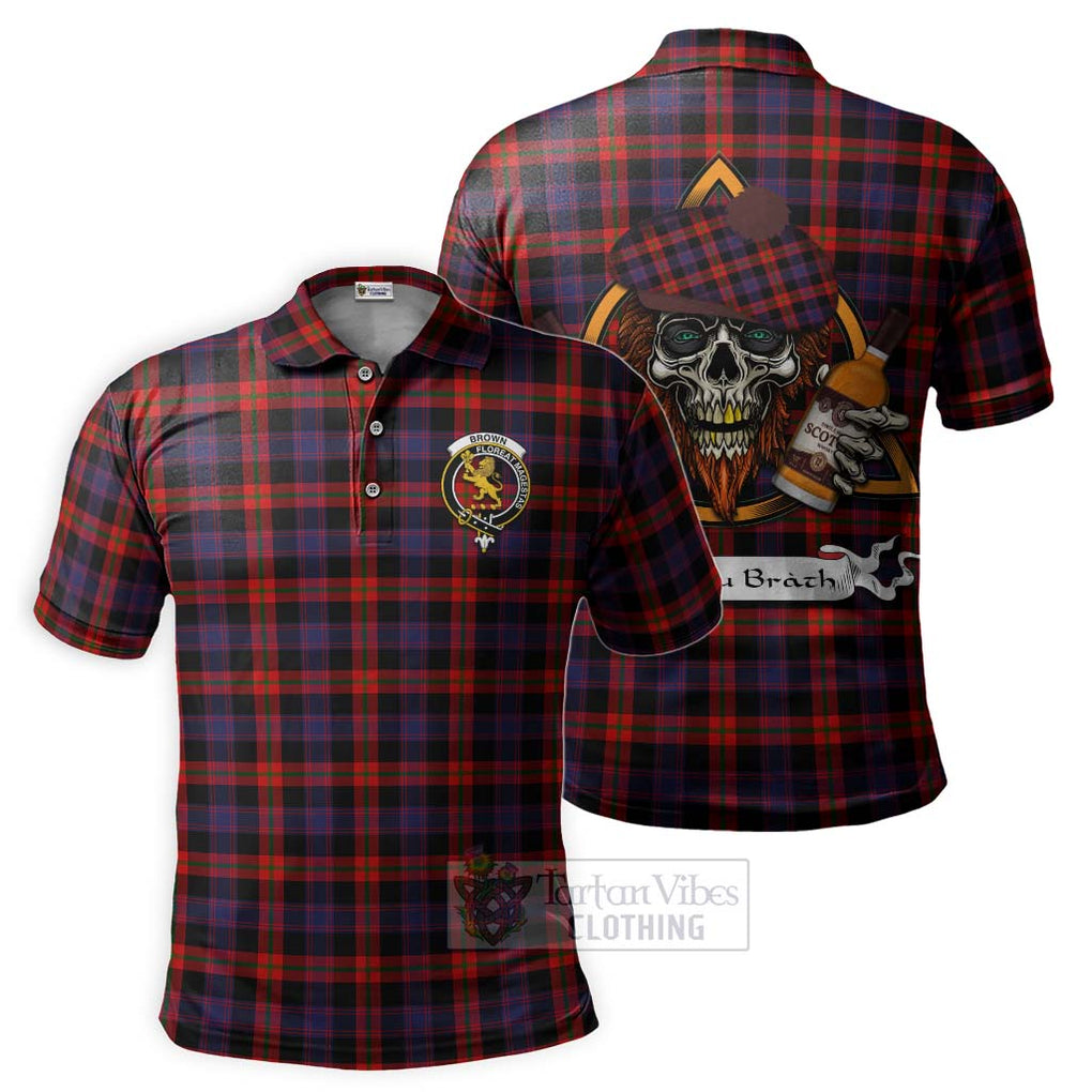 Tartan Vibes Clothing Brown (Broun) Tartan Polo Shirt with Family Crest and Bearded Skull Holding Bottles of Whiskey