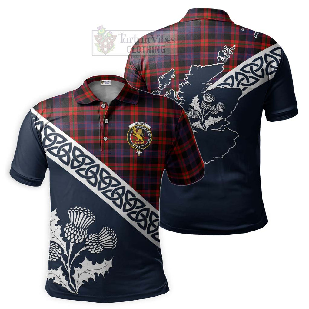 Brown (Broun) Tartan Polo Shirt Featuring Thistle and Scotland Map