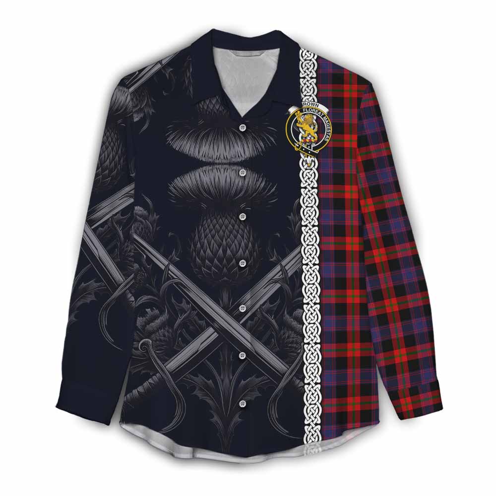 Tartan Vibes Clothing Brown (Broun) Tartan Women's Casual Shirt with Family Crest Cross Sword Thistle Celtic Vibes