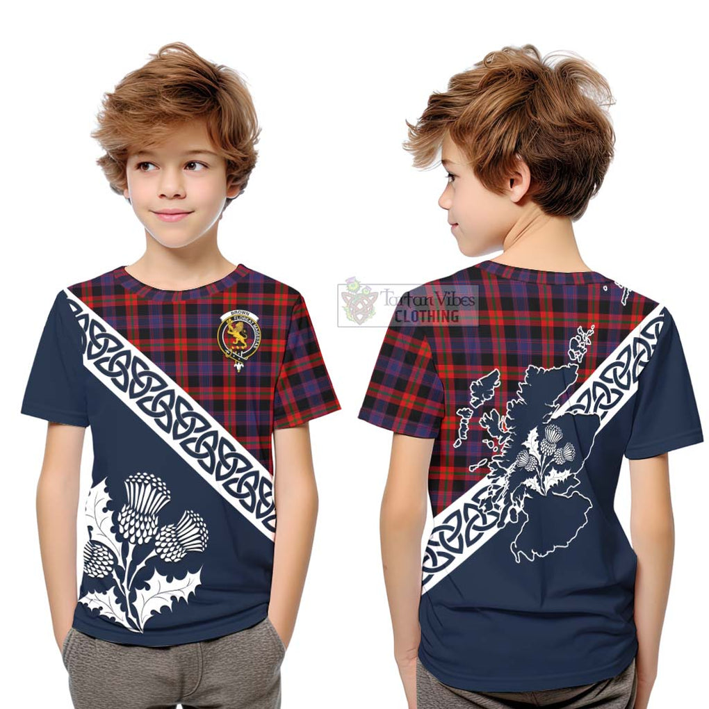 Tartan Vibes Clothing Brown (Broun) Tartan Kid T-Shirt Featuring Thistle and Scotland Map