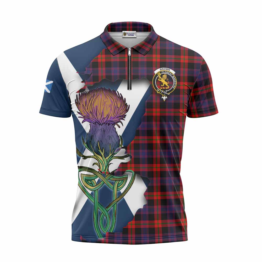 Tartan Vibes Clothing Brown (Broun) Tartan Family Crest Zipper Polo Shirt Scottish Thistle Celtic Inspired