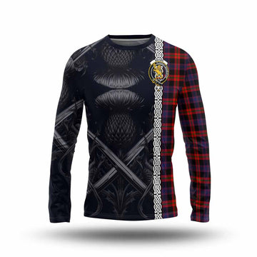 Tartan Vibes Clothing Brown (Broun) Tartan Long Sleeve T-Shirt with Family Crest Cross Sword Thistle Celtic Vibes