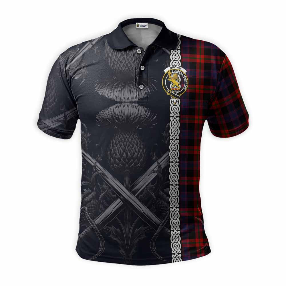 Tartan Vibes Clothing Brown (Broun) Tartan Polo Shirt with Family Crest Cross Sword Thistle Celtic Vibes