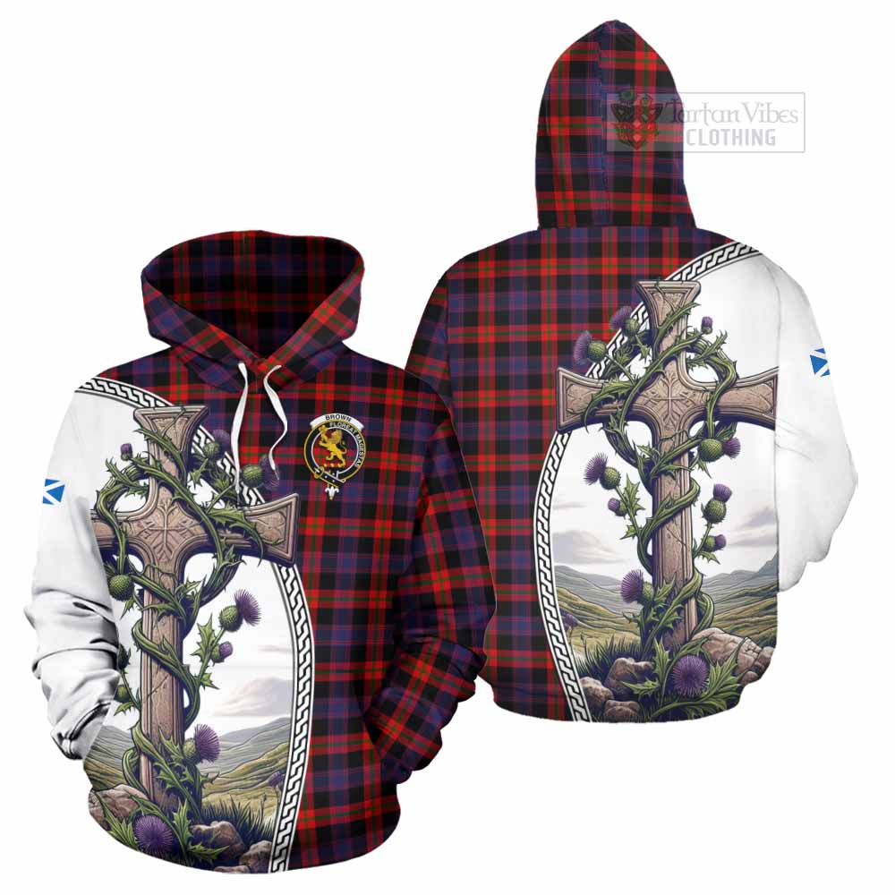 Tartan Vibes Clothing Brown (Broun) Tartan Hoodie with Family Crest and St. Andrew's Cross Accented by Thistle Vines