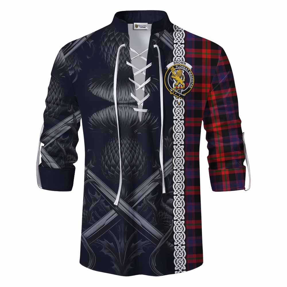 Tartan Vibes Clothing Brown (Broun) Tartan Ghillie Kilt Shirt with Family Crest Cross Sword Thistle Celtic Vibes