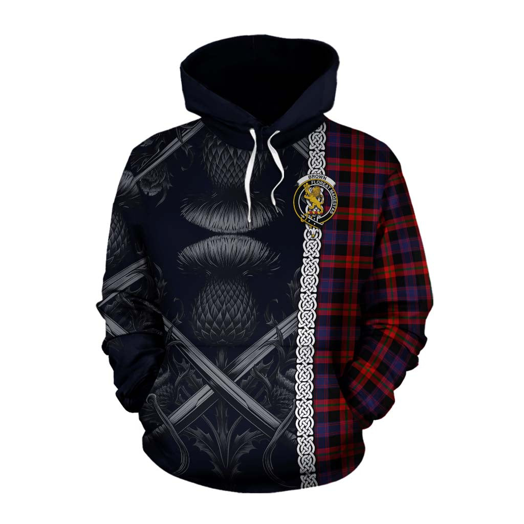 Tartan Vibes Clothing Brown (Broun) Tartan Cotton Hoodie with Family Crest Cross Sword Thistle Celtic Vibes