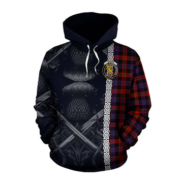 Tartan Vibes Clothing Brown (Broun) Tartan Cotton Hoodie with Family Crest Cross Sword Thistle Celtic Vibes