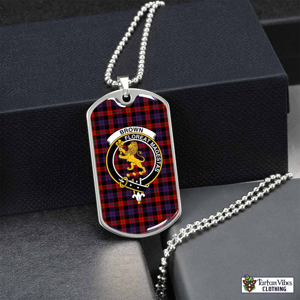 Tartan Vibes Clothing Brown (Broun) Tartan Dog Tag Necklace with Family Crest