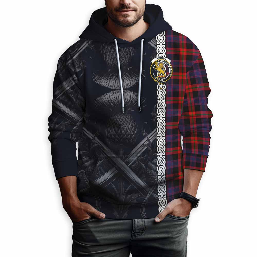 Tartan Vibes Clothing Brown (Broun) Tartan Hoodie with Family Crest Cross Sword Thistle Celtic Vibes