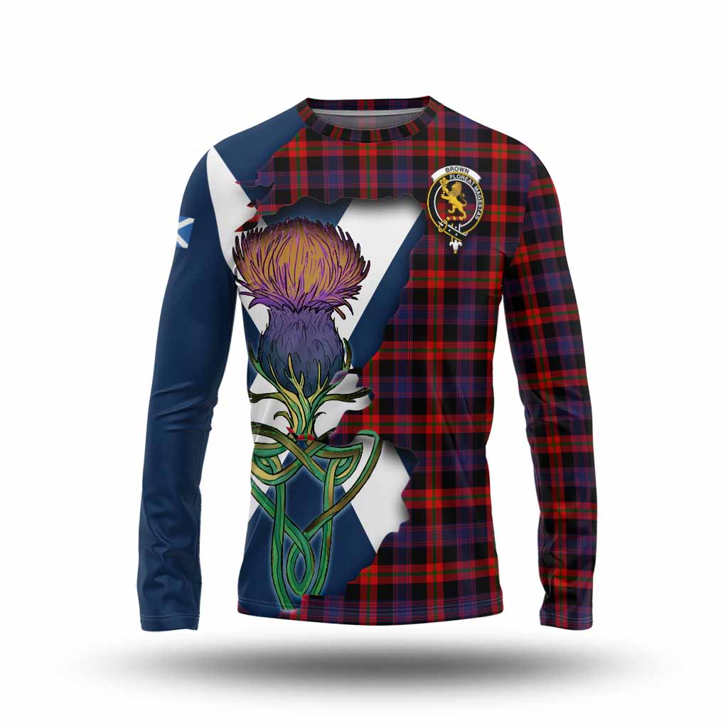 Tartan Vibes Clothing Brown (Broun) Tartan Family Crest Long Sleeve T-Shirt Scottish Thistle Celtic Inspired