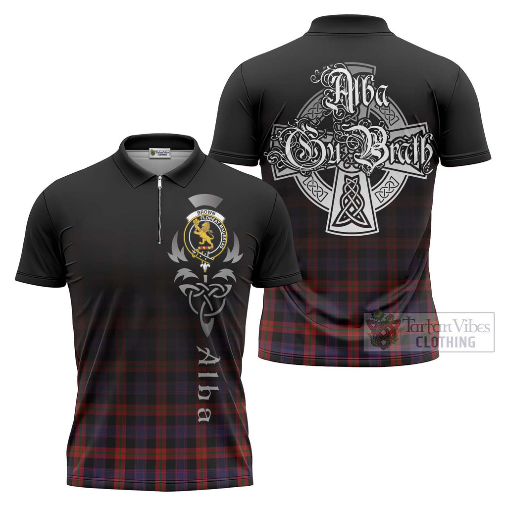 Tartan Vibes Clothing Brown (Broun) Tartan Zipper Polo Shirt Featuring Alba Gu Brath Family Crest Celtic Inspired